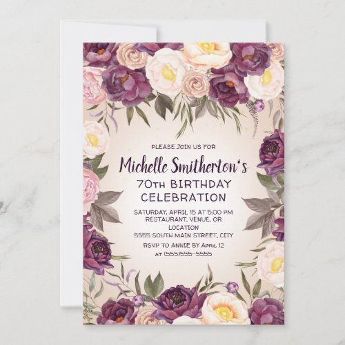 Vintage Pink Purple Burgundy Floral 70th Birthday Invitation