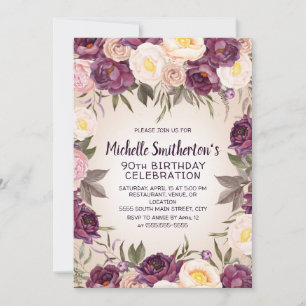 Vintage Pink Purple Floral 90th Birthday Invitation