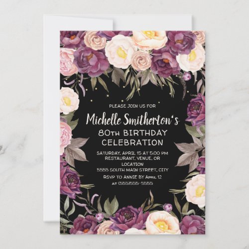 Vintage Pink Purple Floral Black 80th Birthday Invitation