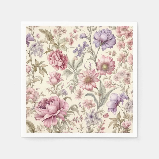 Vintage Pink Purple Flowers Napkins (Front)