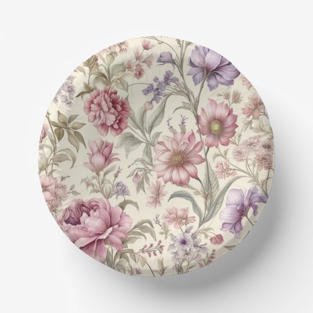 Vintage Pink Purple Flowers Paper Bowl (Front)