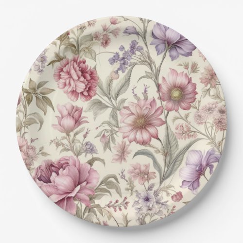 Vintage Pink Purple Flowers Paper Plate