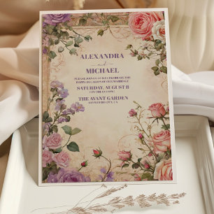 Vintage Pink Purple Roses Floral Wedding Invitation