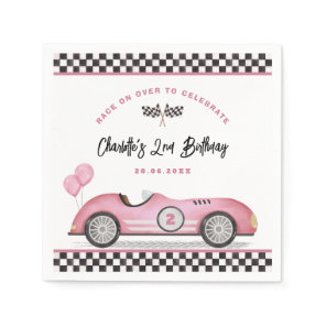 Vintage Pink Racing Car Two Fast Girl 2nd Birthday Napkins