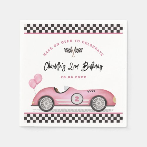Vintage Pink Racing Car Two Fast Girl 2nd Birthday Napkins