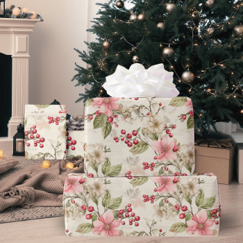 Vintage Pink  Red And Green Floral Wrapping Paper by VintageDawnings at Zazzle
