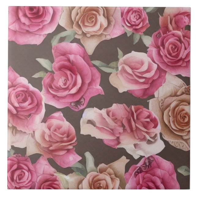 Vintage pink, red, and white roses ceramic tile (Front)