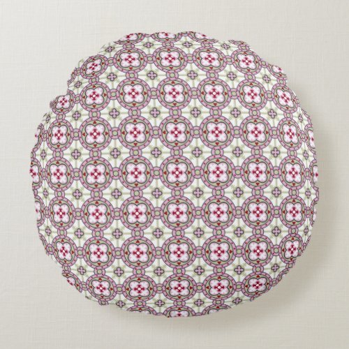Vintage Pink Red Barcelona Tile Flower Ribbon Round Pillow