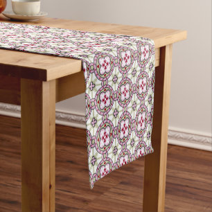 Vintage Pink Red Barcelona Tile Flower Ribbon Short Table Runner