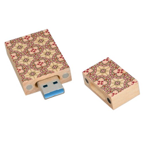 Vintage Pink Red Barcelona Tile Flower Ribbon Wood Flash Drive