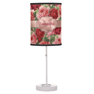 Vintage Pink Red Floral Name Monogram Initial Table Lamp