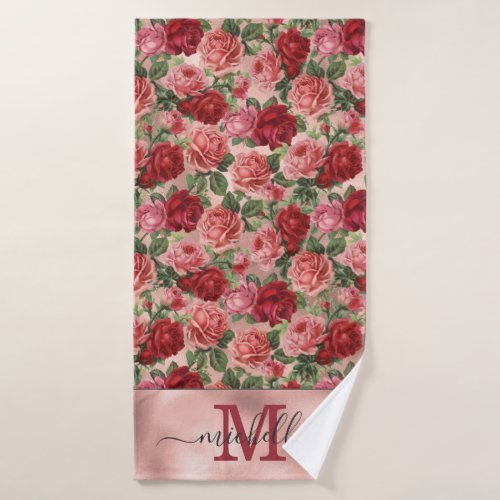 Vintage Pink Red Floral Pink Rose Gold Monogrammed Bath Towel