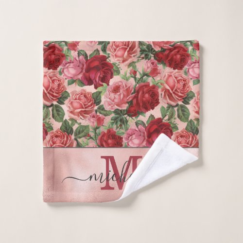 Vintage Pink Red Floral Pink Rose Gold Monogrammed Wash Cloth