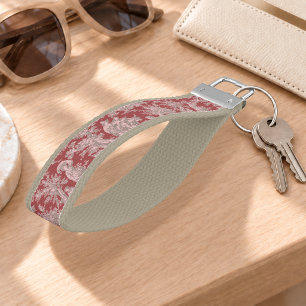 Vintage Pink Red French Country Toile de Jouy Wrist Keychain