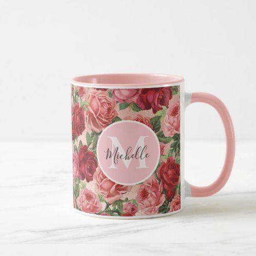Vintage Pink Red Rose Floral Monogrammmed Mug
