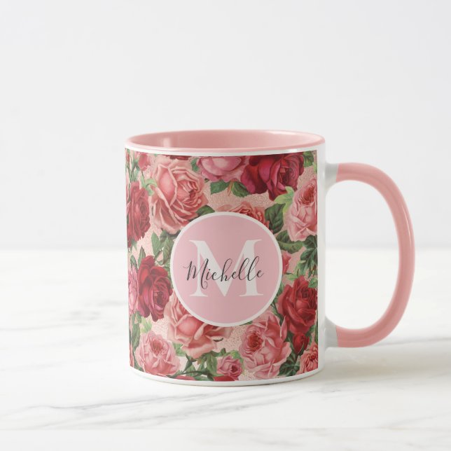 Vintage Pink Red Rose Floral Monogrammmed Mug (Right)