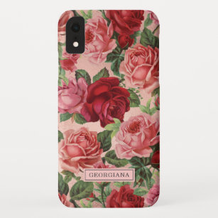 Vintage Pink Red Rose Floral Personalized Name iPhone XR Case