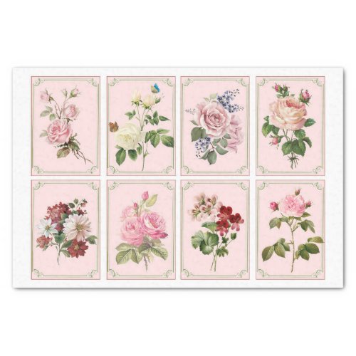 Vintage Pink Red Rose Floral w 8 Frames Decoupage Tissue Paper
