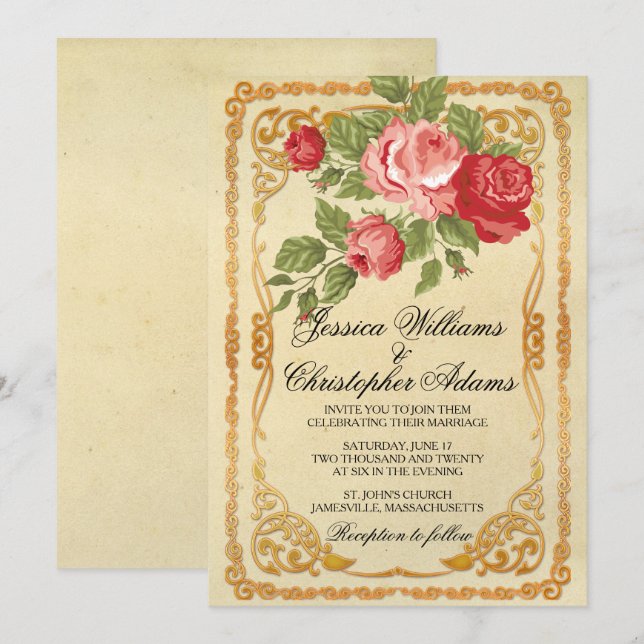 Vintage Pink & Red Rose Wedding Invitation (Front/Back)