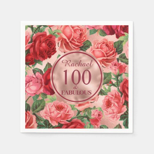 Vintage Pink Red Roses 100 and Fabulous Birthday Napkins
