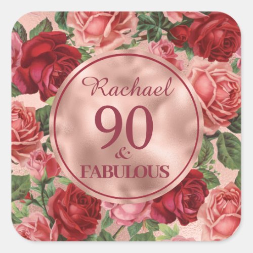 Vintage Pink Red Roses 90 and Fabulous Square Sticker