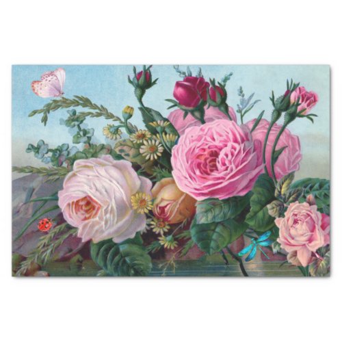Vintage Pink Red Roses and Bugs Floral  Tissue Paper