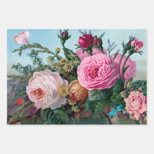 Vintage Pink Red Roses and Bugs Floral Wrapping Paper Sheets