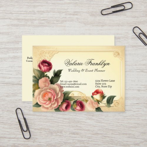 Vintage Pink  Red Roses Elegant Wedding Planner Business Card