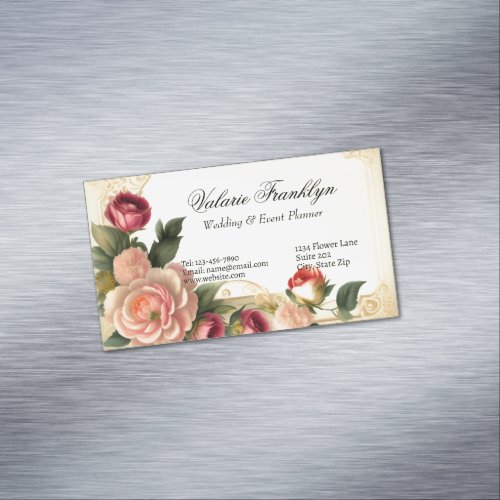 Vintage Pink  Red Roses Elegant Wedding Planner Business Card Magnet