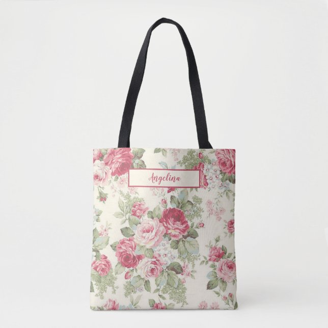 Vintage Pink & Red Roses Personalized Tote Bag (Front)