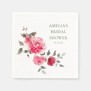 Vintage Pink Red Roses Watercolor Bridal Shower Napkins