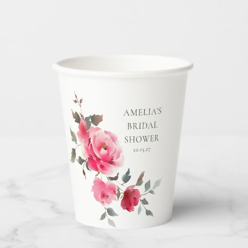 Vintage Pink Red Roses Watercolor Bridal Shower Paper Cups