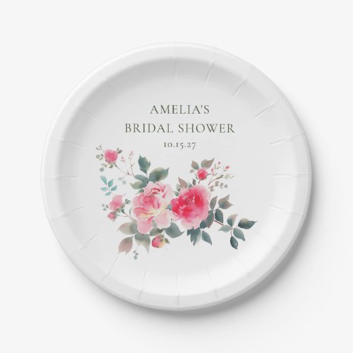 Vintage Pink Red Roses Watercolor Bridal Shower Paper Plates