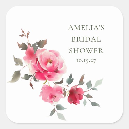 Vintage Pink Red Roses Watercolor Bridal Shower Square Sticker