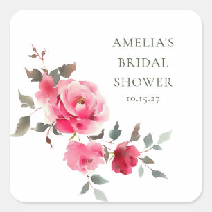 Vintage Pink Red Roses Watercolor Bridal Shower Square Sticker