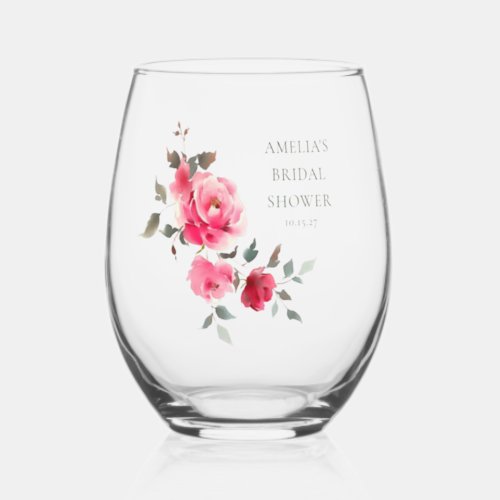 Vintage Pink Red Roses Watercolor Bridal Shower Stemless Wine Glass