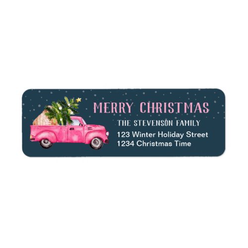 Vintage pink red truck Christmas navy blue merry Label