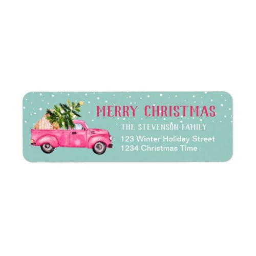 Vintage pink red truck Christmas teal blue merry Label