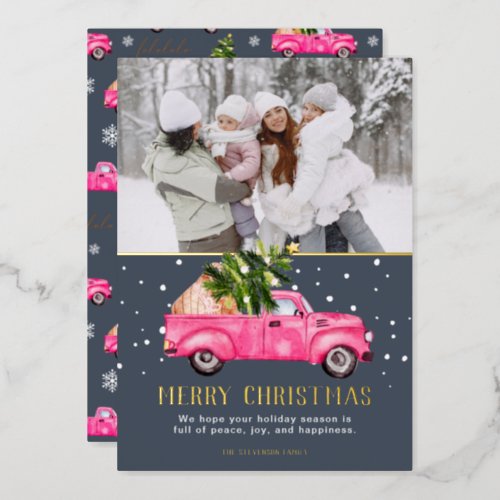 Vintage pink red truck Christmas tree blue photo Foil Holiday Card