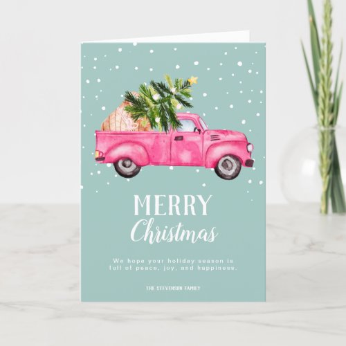 Vintage pink red truck Christmas tree blue photo Holiday Card