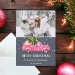 Vintage pink red truck Christmas tree blue photo Holiday Card<br><div class="desc">Merry Christmas! Vintage pink red truck watercolor illustration and green Christmas tree with white snow on dark navy blue , add 1 photo. Perfect winter and holidays card.</div>