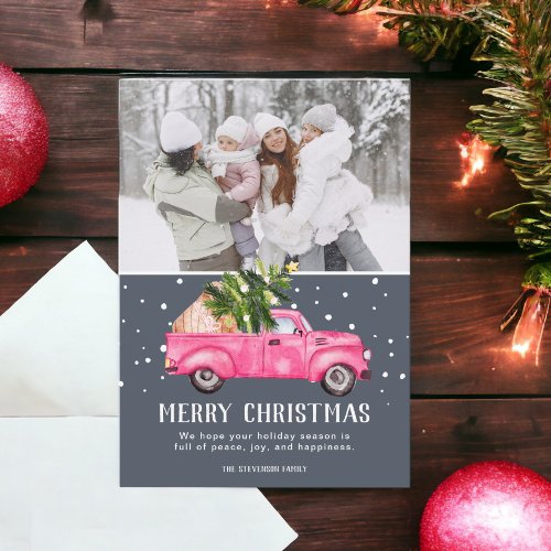 Vintage pink red truck Christmas tree blue photo Holiday Card