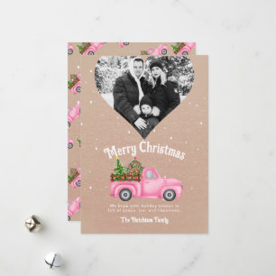Vintage pink red truck Christmas tree heart photo Holiday Card