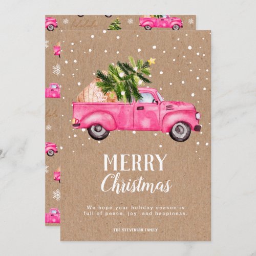 Vintage pink red truck Christmas tree kraft Merry Holiday Card
