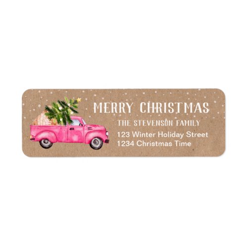 Vintage pink red truck Christmas tree kraft merry Label