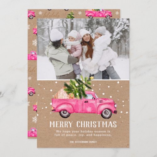 Vintage pink red truck Christmas tree kraft photo Holiday Card