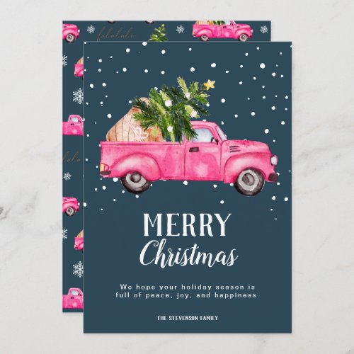 Vintage pink red truck Christmas tree Merry Holiday Card