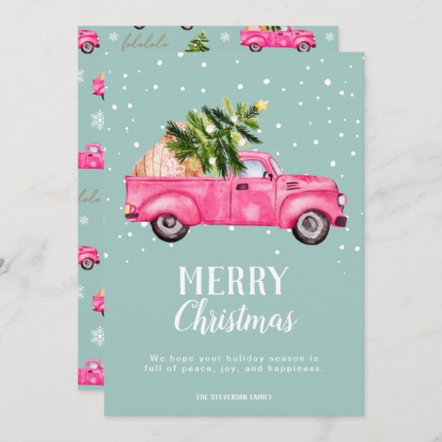 Vintage pink red truck Christmas tree Merry  Holiday Card