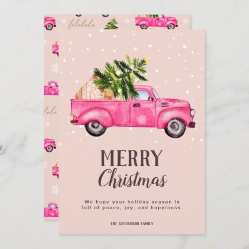 Vintage pink red truck Christmas tree Merry Holiday Card