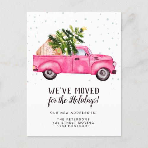 Vintage pink red truck Christmas tree moving Announcement Postcard